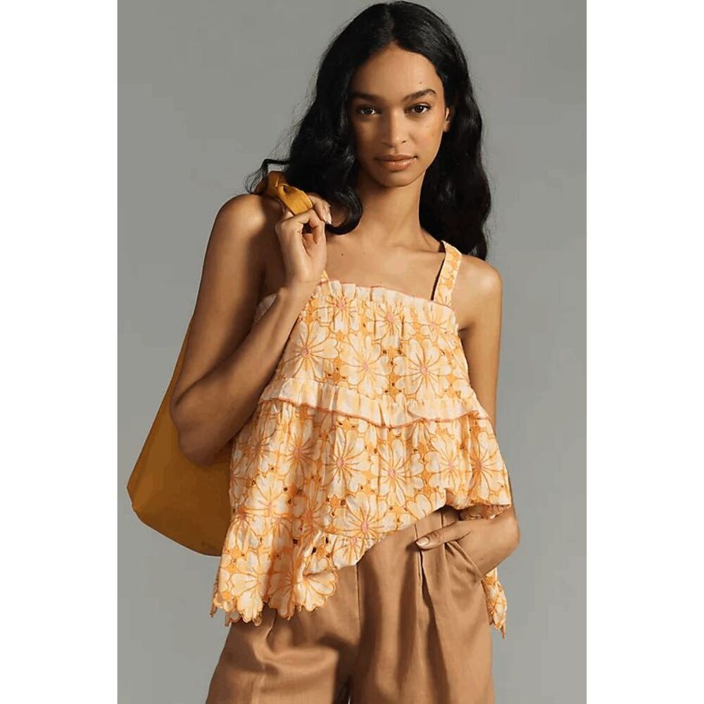 Anthropologie Orange Embroidered Cut-Out Sleeveless Tank Top Women's Size XL